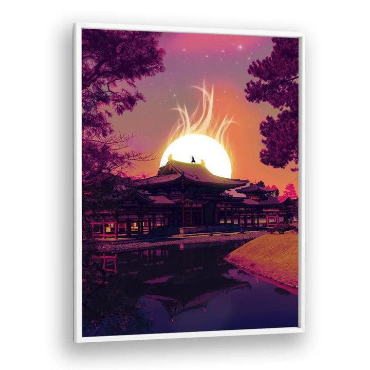 "THE LAST SAMURAI, SURREAL ART PRINTS by Ritvik Takkar showcases a stunning sunset over traditional architecture."