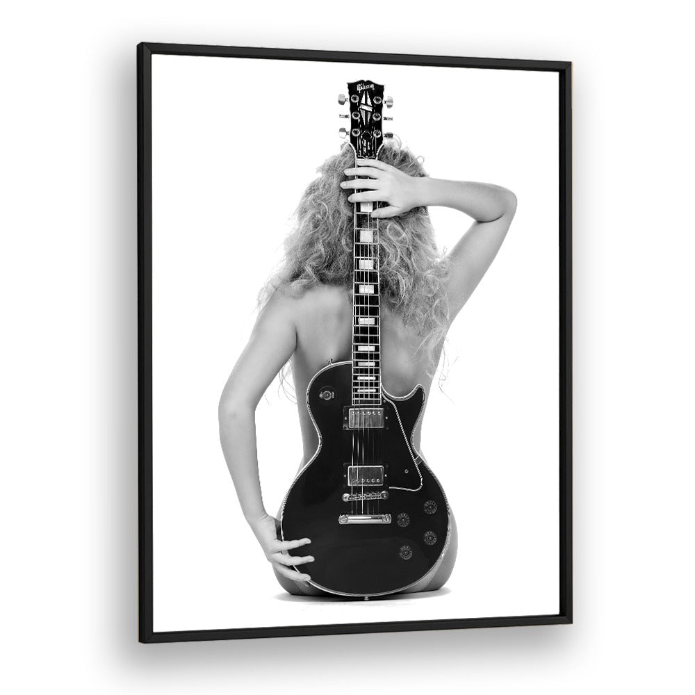 Elegant black and white art featuring "The Les Paul, Photography Prints" by David Drake, capturing fashion and music fusion.