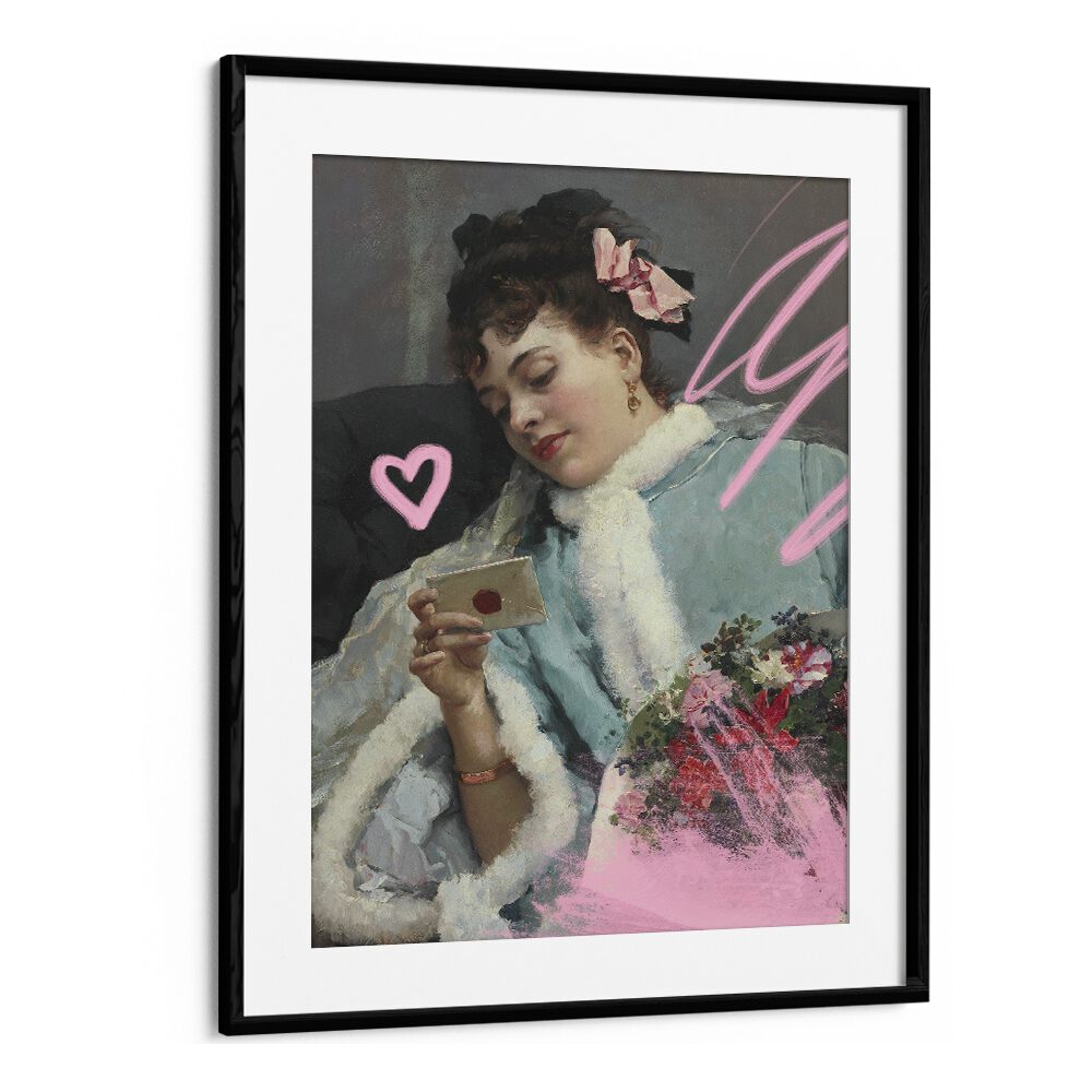 Stunning "The Love Letter, Altered Art Prints" by Grace Digital Art Co., featuring a woman with a letter in a black frame.