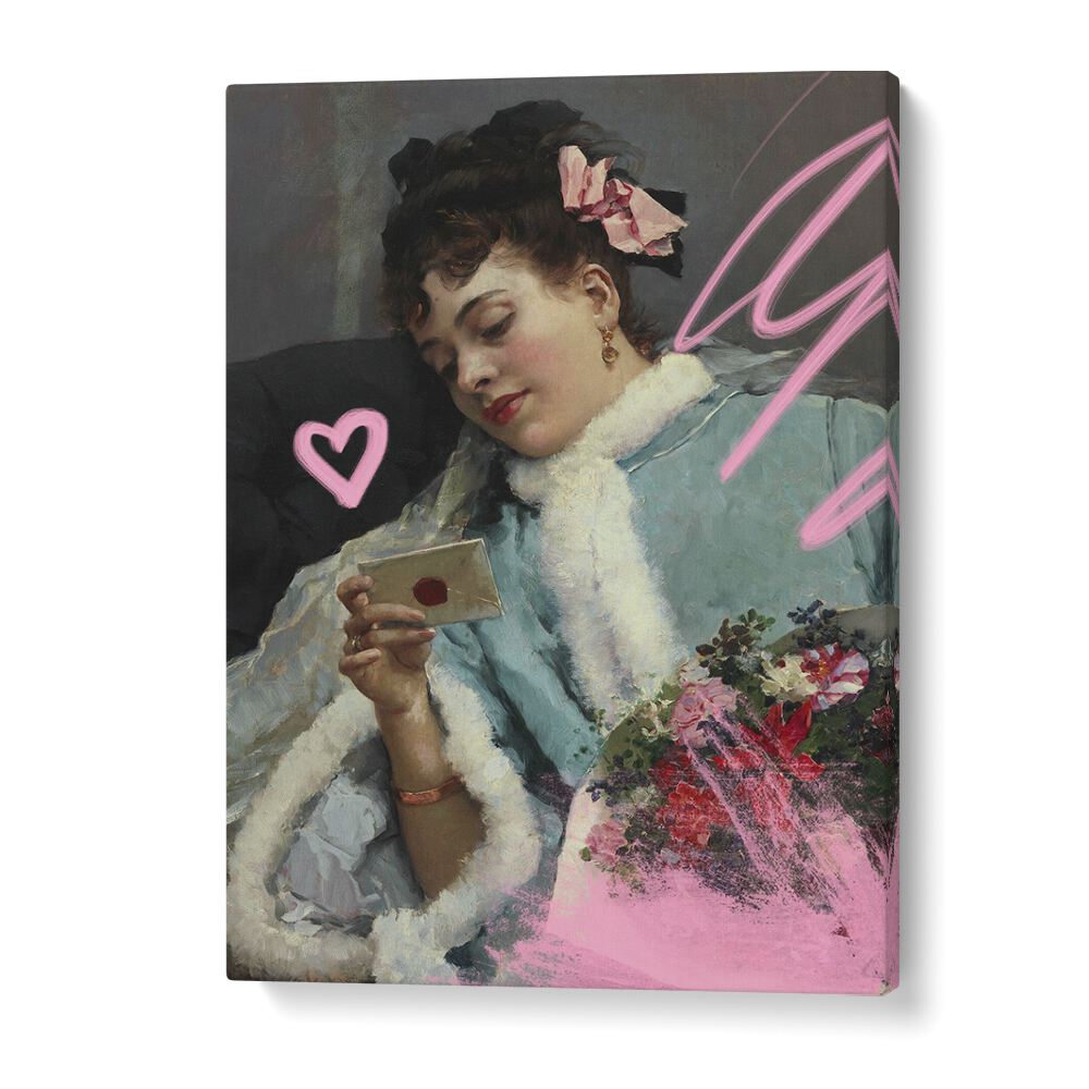 Elegant woman reading a letter, showcasing "THE LOVE LETTER, ALTERED ART PRINTS" by Grace Digital Art Co. for your decor.