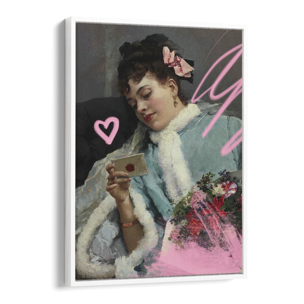 "The Love Letter, Altered Art Prints" showcases a woman reading a love note, elegantly framed by Grace Digital Art Co.