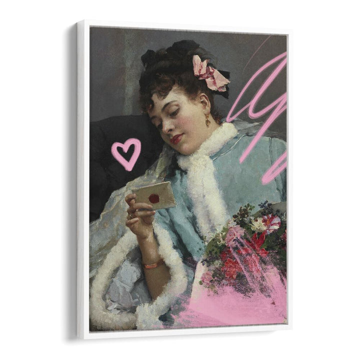 "The Love Letter, Altered Art Prints" showcases a woman reading a love note, elegantly framed by Grace Digital Art Co.