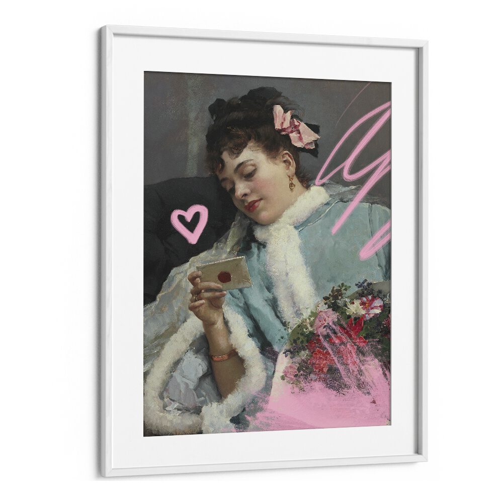 "The Love Letter, altered art prints" showcases a woman holding a letter, framed beautifully by Grace Digital Art Co.