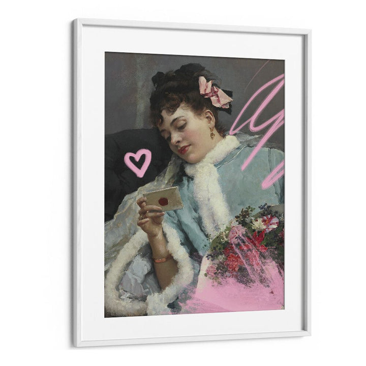 "The Love Letter, altered art prints" showcases a woman holding a letter, framed beautifully by Grace Digital Art Co.