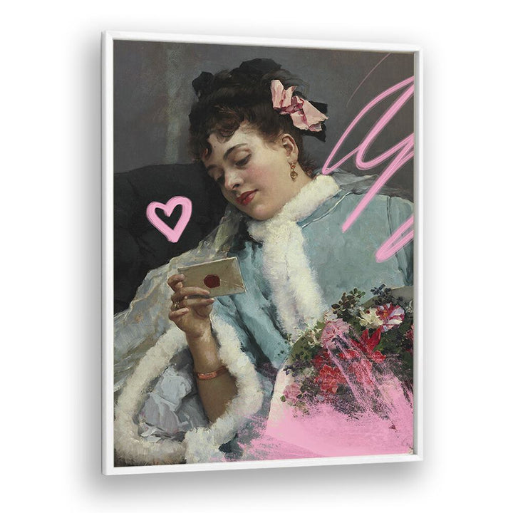 "The Love Letter, altered art prints by Grace Digital Art Co., features a woman admiring a heartfelt message."