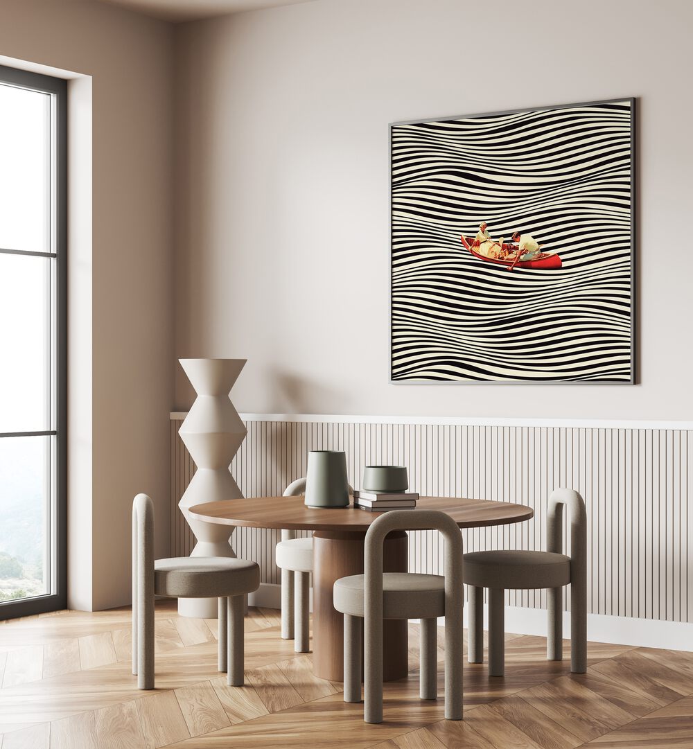 Modern dining area featuring "THE REAL BOAT TRIP, SURREAL ART PRINTS" by Taudalpoi, enhancing stylish interiors.