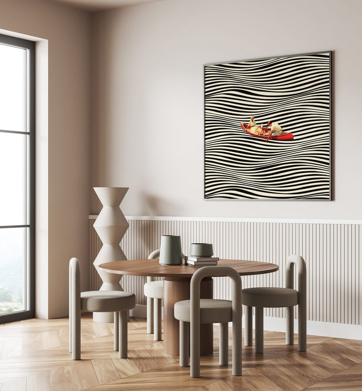 Modern dining area featuring "THE REAL BOAT TRIP, SURREAL ART PRINTS" by Taudalpoi, enhancing stylish interiors.