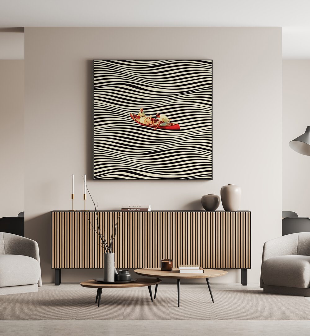Modern living room featuring "THE REAL BOAT TRIP, SURREAL ART PRINTS" by Taudalpoi, enhancing stylish decor.