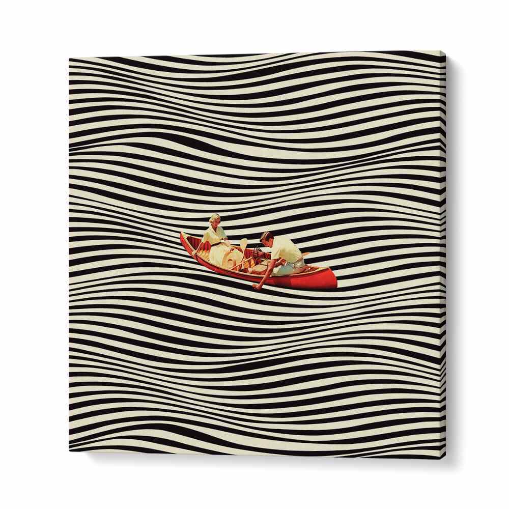 "The Real Boat Trip, Surreal Art Prints features a striking design with a kayak amidst wavy patterns, ideal for modern decor."