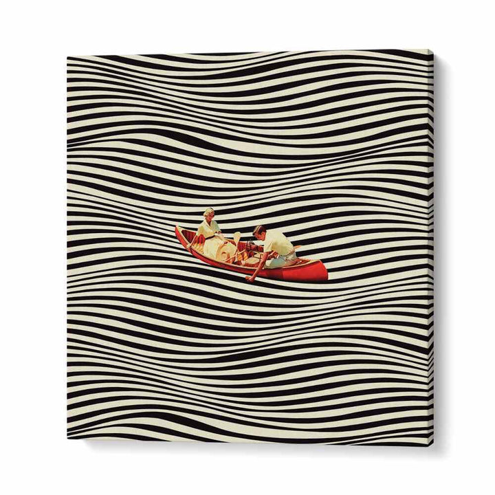 "The Real Boat Trip, Surreal Art Prints features a striking design with a kayak amidst wavy patterns, ideal for modern decor."