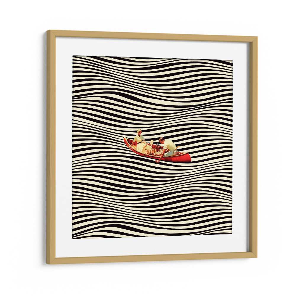 "The Real Boat Trip, Surreal Art Prints, features a vibrant canoe scene amidst striking black and white waves, framed elegantly."