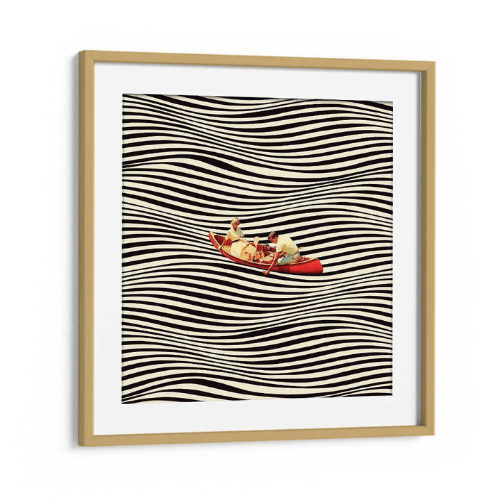 "The Real Boat Trip, Surreal Art Prints, features a vibrant canoe scene amidst striking black and white waves, framed elegantly."