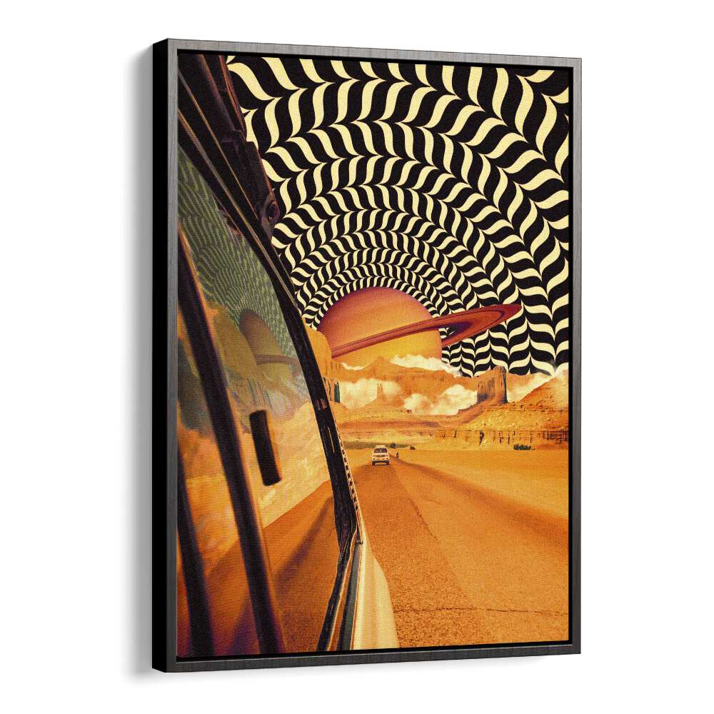 Vibrant depiction of adventure in THE REAL ROAD TRIP, SURREAL ART PRINTS by Taudalpoi, framed for your space.