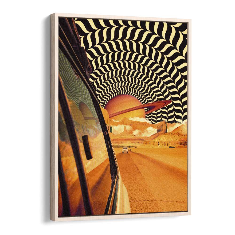 Explore THE REAL ROAD TRIP, SURREAL ART PRINTS framed in oak, blending imagination with a vibrant desert landscape.