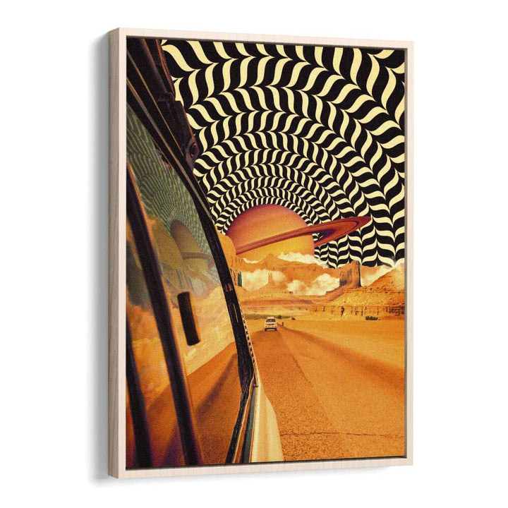 Explore THE REAL ROAD TRIP, SURREAL ART PRINTS framed in oak, blending imagination with a vibrant desert landscape.