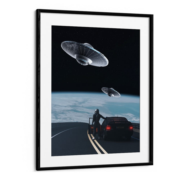 Surreal art print "THE RESCUE" by Ritvik Takkar, featuring a cosmic scene in a stylish black frame.