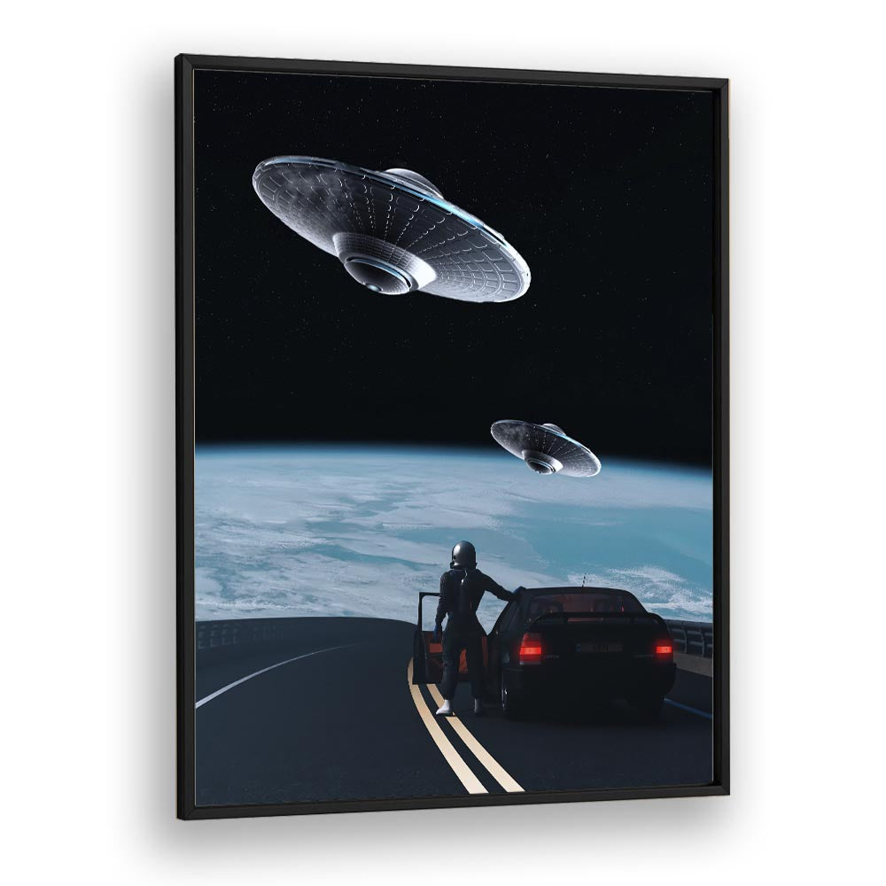 Stunning "THE RESCUE, SURREAL ART PRINTS" by Ritvik Takkar, featuring a mystical scene with UFOs and a lone figure.