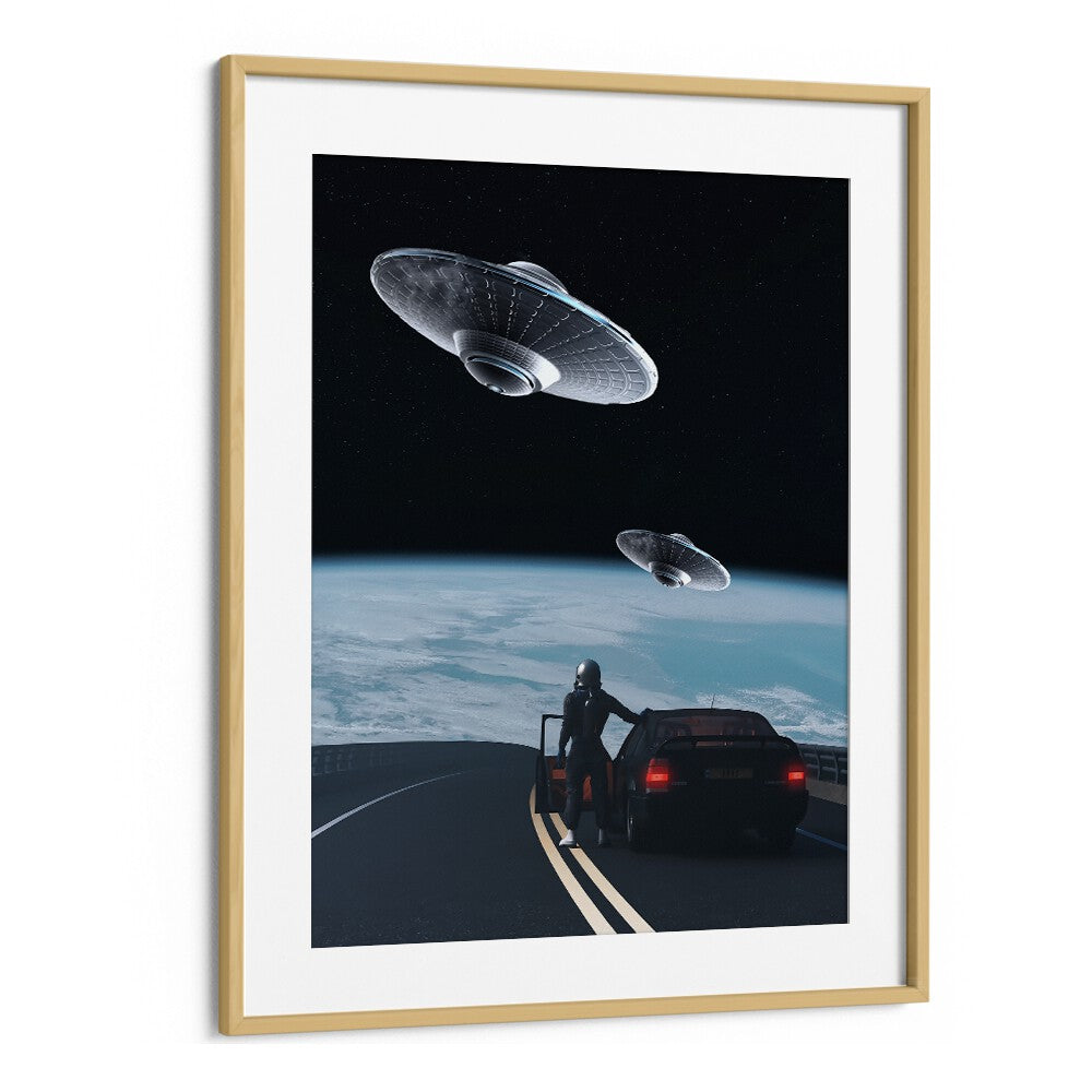 Surreal art prints titled "THE RESCUE" by Ritvik Takkar, featuring a cosmic scene with UFOs and a car.