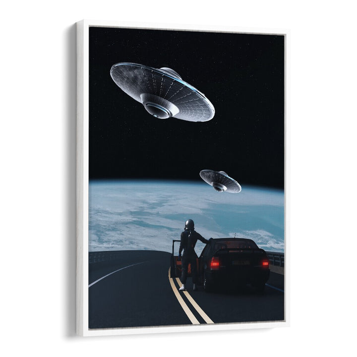 Surreal art print "THE RESCUE" features a cosmic scene by Ritvik Takkar, perfect for imaginative decor.