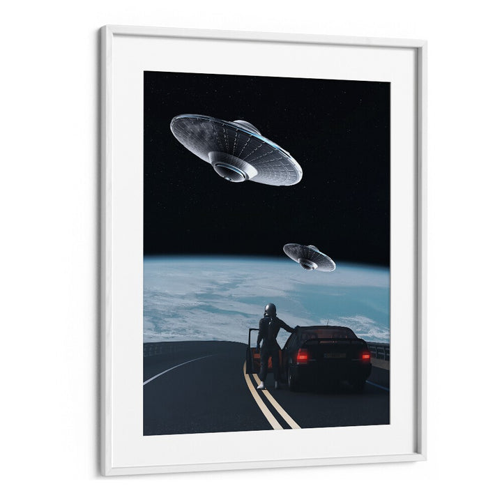 Surreal art print "THE RESCUE" by Ritvik Takkar featuring a mysterious scene with UFOs in a stunning frame.