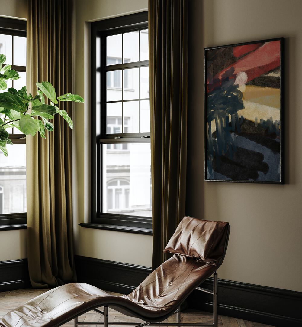 Elegant interior featuring "THE ROMANCE OF NIGHT, ABSTRACT PAINTINGS" by Nilesh Kulkarni, enhancing modern decor.