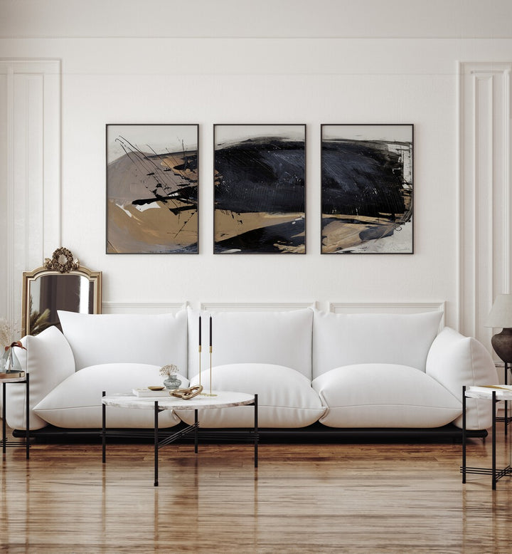 Elevate your decor with THE SNAP ABSTRACTION SET, SET OF 3 PAINTINGS featuring modern abstract designs by Dan Hobday.