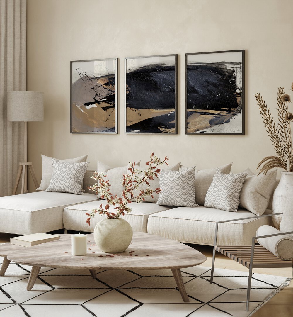 Elevate your decor with THE SNAP ABSTRACTION SET, SET OF 3 PAINTINGS, showcasing modern elegance in your living space.