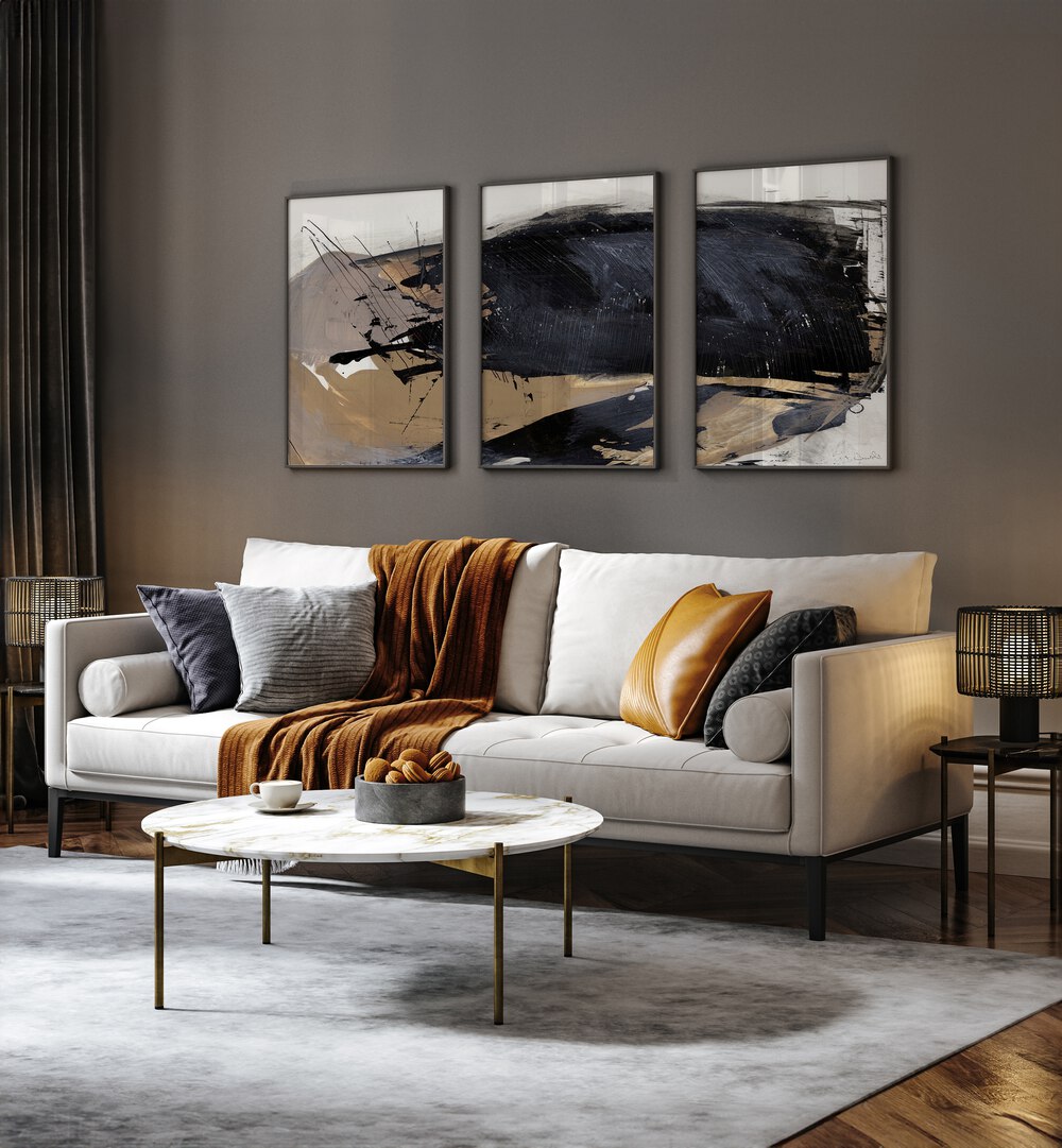 Elevate your decor with THE SNAP ABSTRACTION SET, SET OF 3 PAINTINGS, showcasing modern abstract art by Dan Hobday.