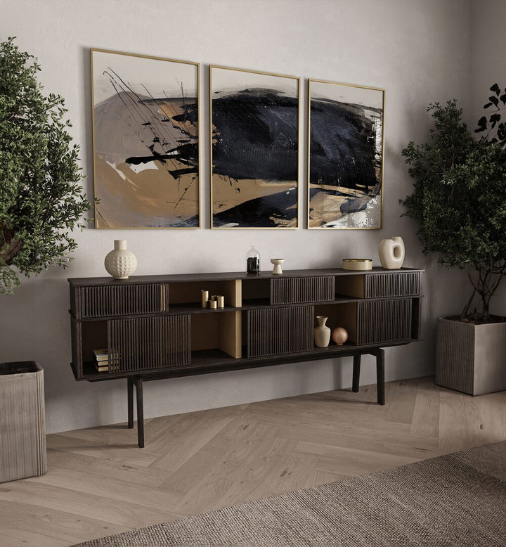 Elevate your decor with THE SNAP ABSTRACTION SET, SET OF 3 PAINTINGS, showcasing modern elegance by Dan Hobday.