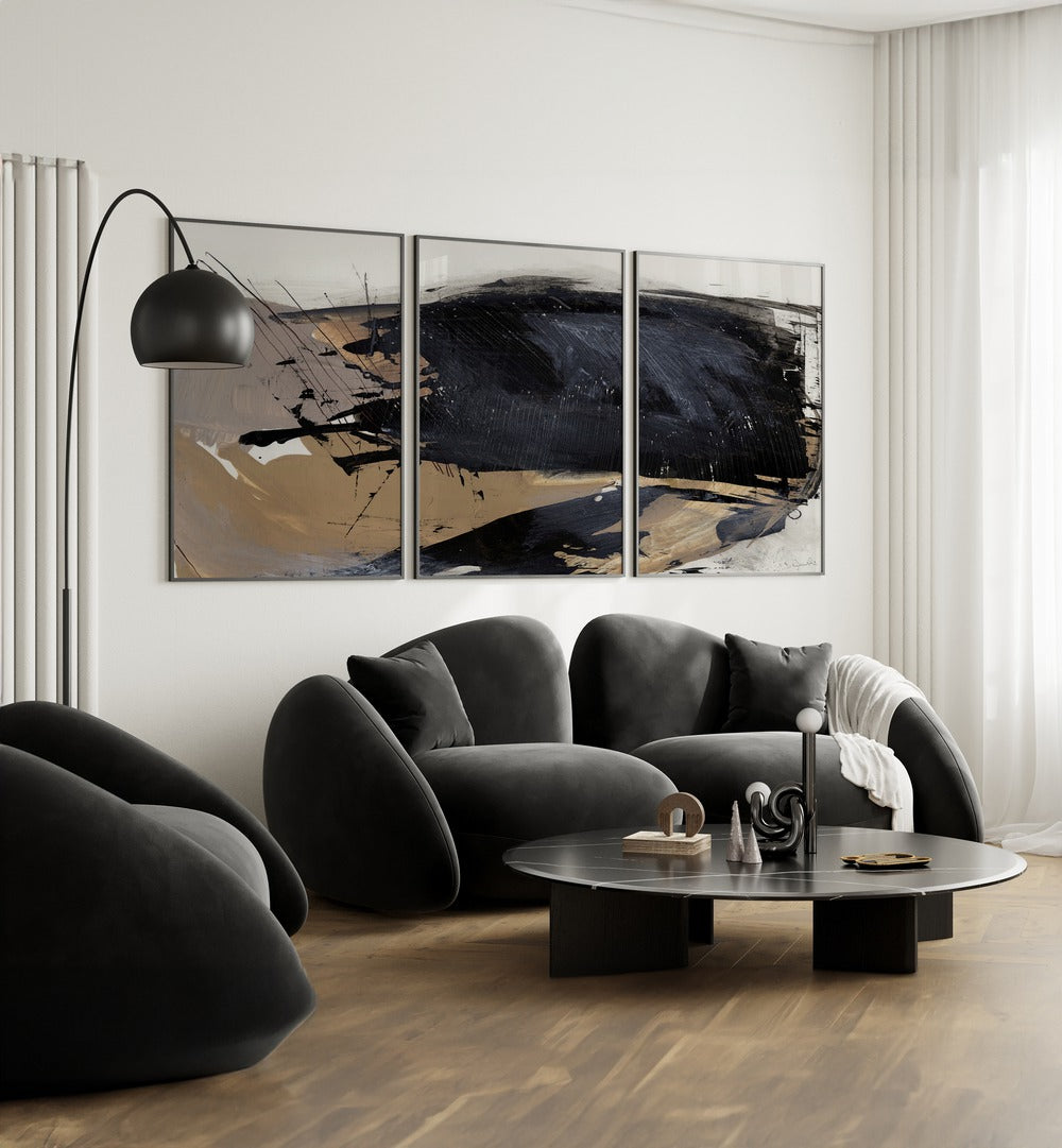 Elevate your decor with THE SNAP ABSTRACTION SET, SET OF 3 PAINTINGS, showcasing modern elegance and artistic flair.