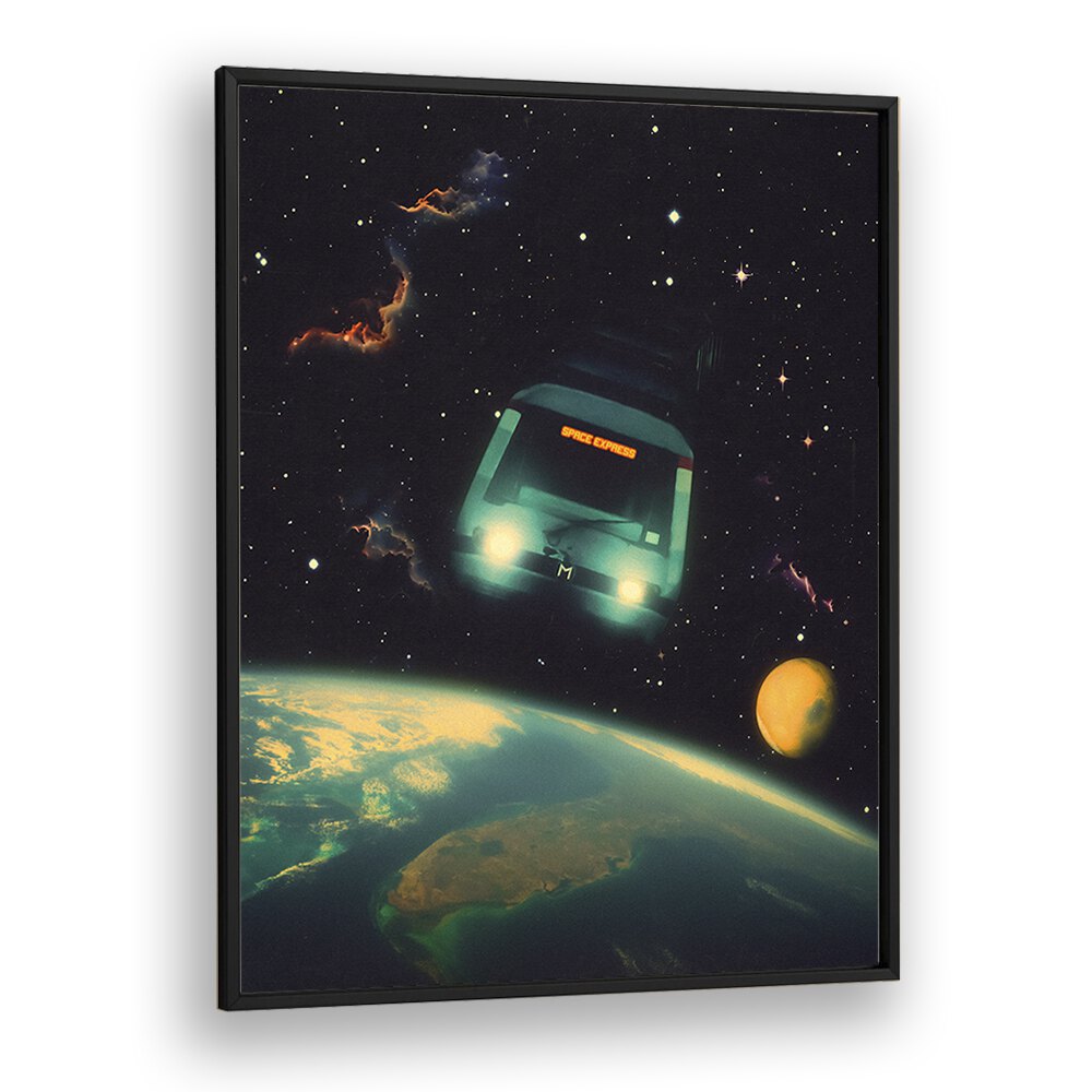 Elevate your space with THE SPACE EXPRESS, SURREAL ART PRINTS featuring a captivating journey through the cosmos.