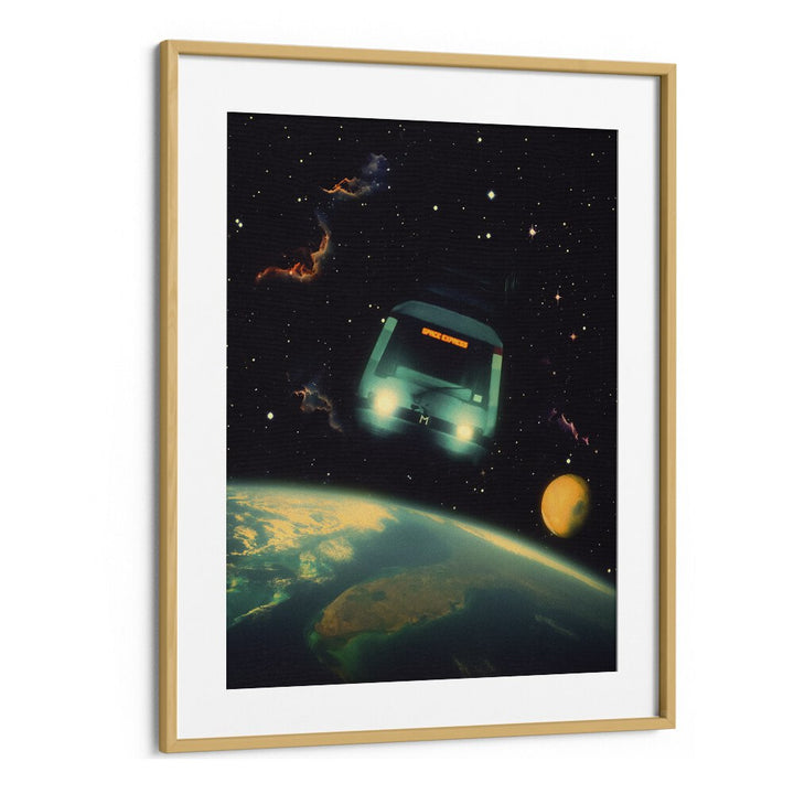 Elevate your space with THE SPACE EXPRESS, SURREAL ART PRINTS featuring a captivating cosmic train journey.