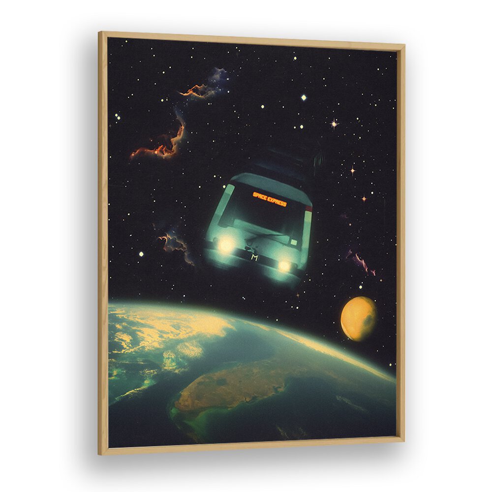 Experience the cosmos with THE SPACE EXPRESS, SURREAL ART PRINTS framed in oak, perfect for elevating your space.