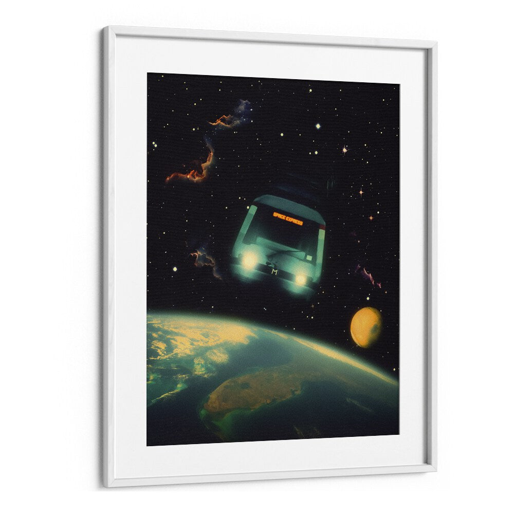 Surreal art print "THE SPACE EXPRESS" features a cosmic train journey, perfect for elevating your space with Taudalpoi.