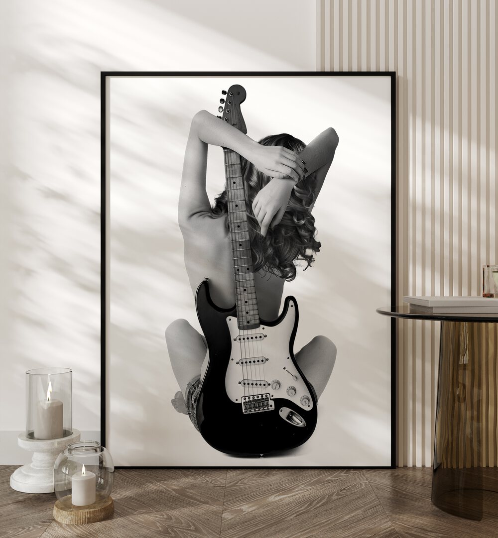 Stunning black-and-white photography print, "THE STRAT," by David Drake, fusing music and fashion in art.