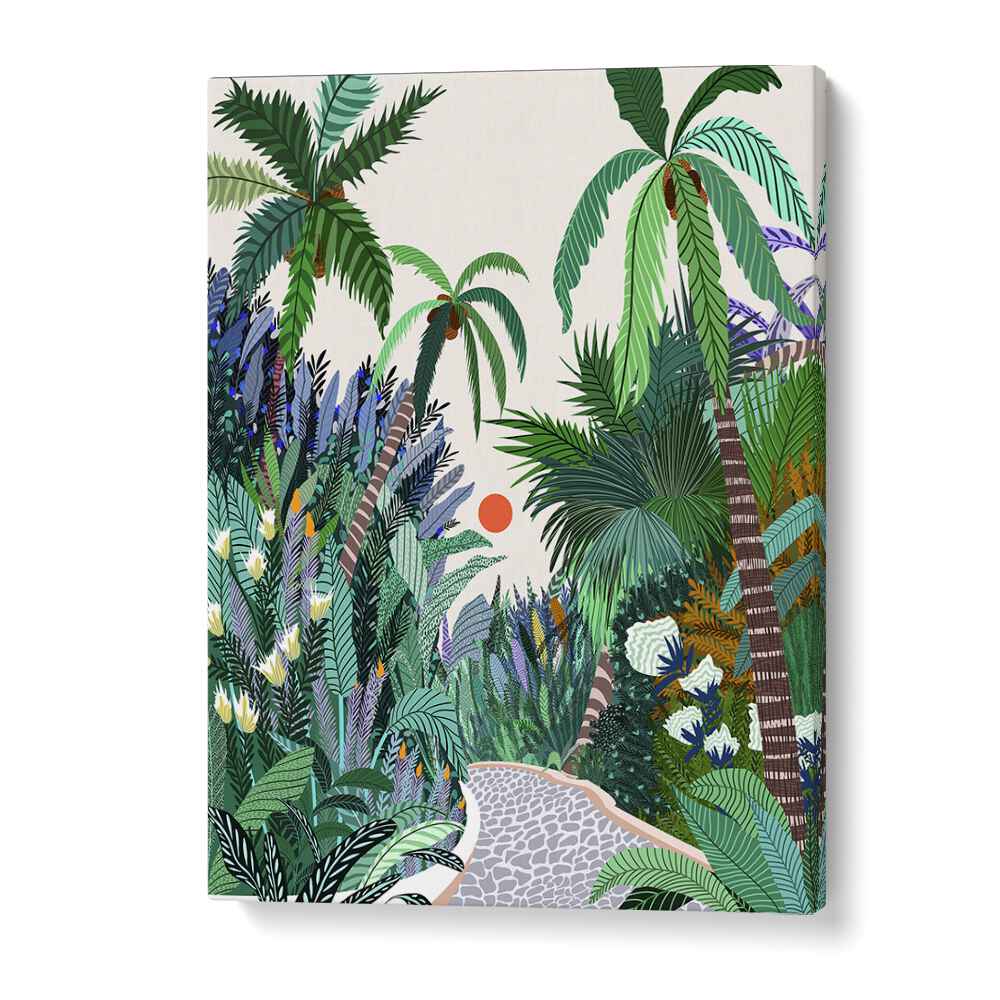 Vibrant botanical art featuring lush greenery in "THE URBAN JUNGLE ROUTE, FLORAL FLOWER PAINTINGS" by Uma Gokhale.