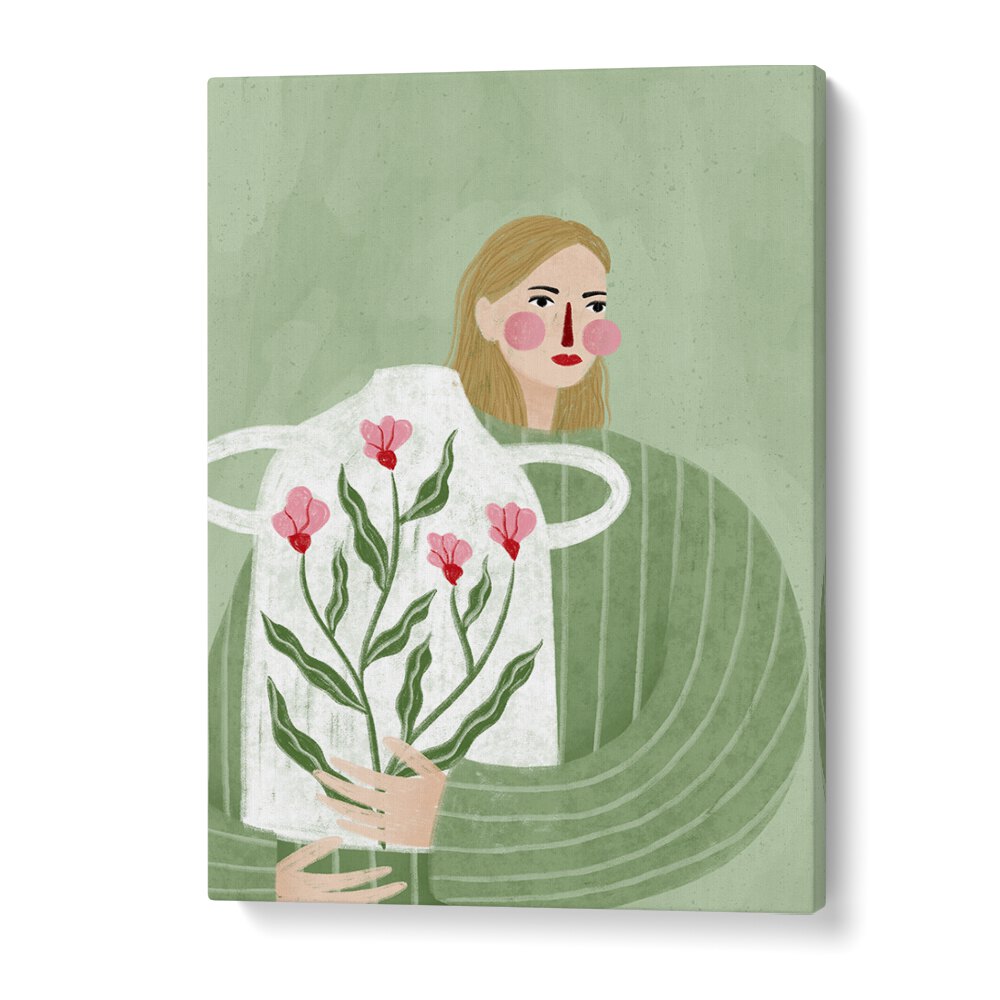 Elegant illustration of "The Woman with Vase, Portraits" by Bea Muller, showcasing femininity and artistry.