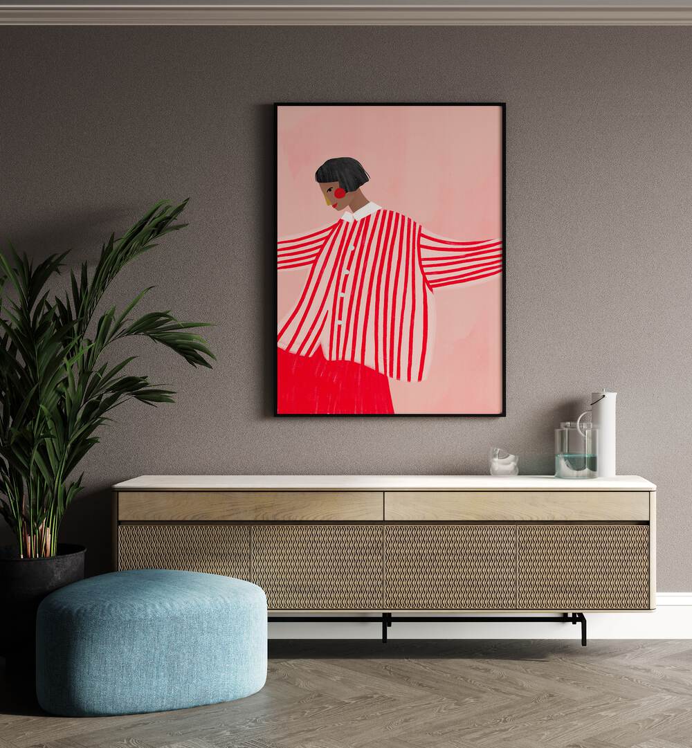 Captivating artwork featuring "THE WOMAN IN STRIPES, PORTRAITS" by Bea Muller, celebrating feminine strength and style.