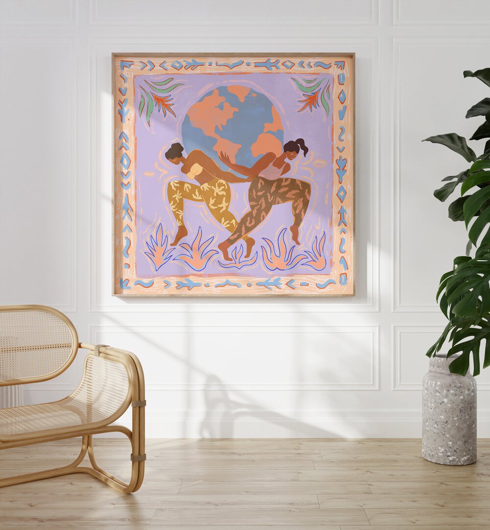 Colorful wall art titled "THE WORLD, PORTRAITS" by Arty Guava enhances modern living spaces with elegance.