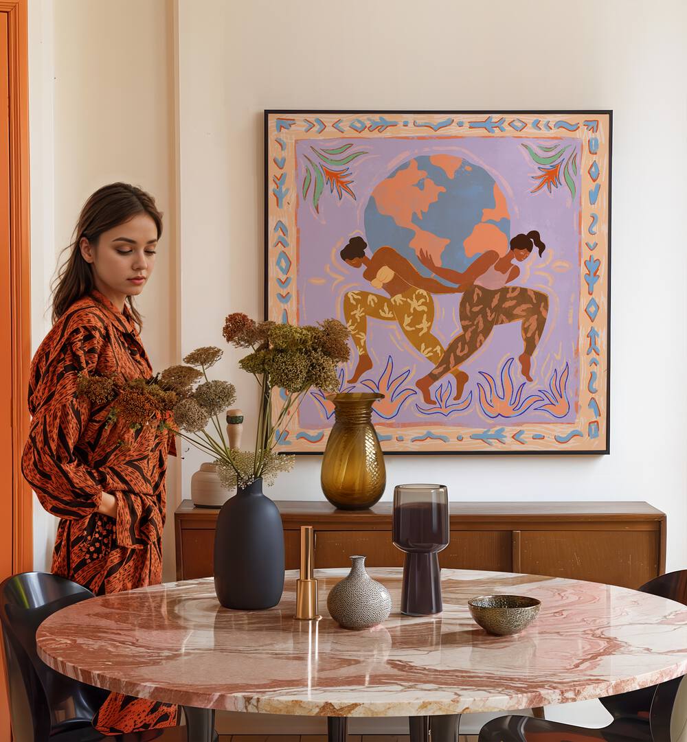 Stylish living space featuring THE WORLD, PORTRAITS by Arty Guava, showcasing vibrant wall art and elegant decor.