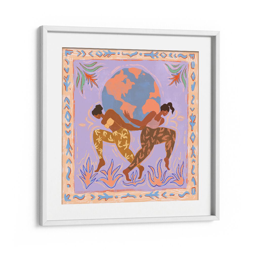 Modern art print titled "THE WORLD , PORTRAITS" by Arty Guava, showcasing two figures with a globe in vibrant colors.