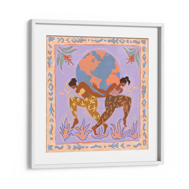 Modern art print titled "THE WORLD , PORTRAITS" by Arty Guava, showcasing two figures with a globe in vibrant colors.
