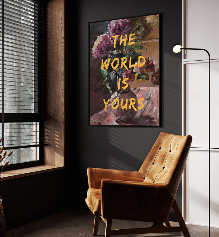 Stylish living room featuring "THE WORLD IS YOURS, ALTERED ART PRINTS" by The Art Concept, adding vibrant inspiration.