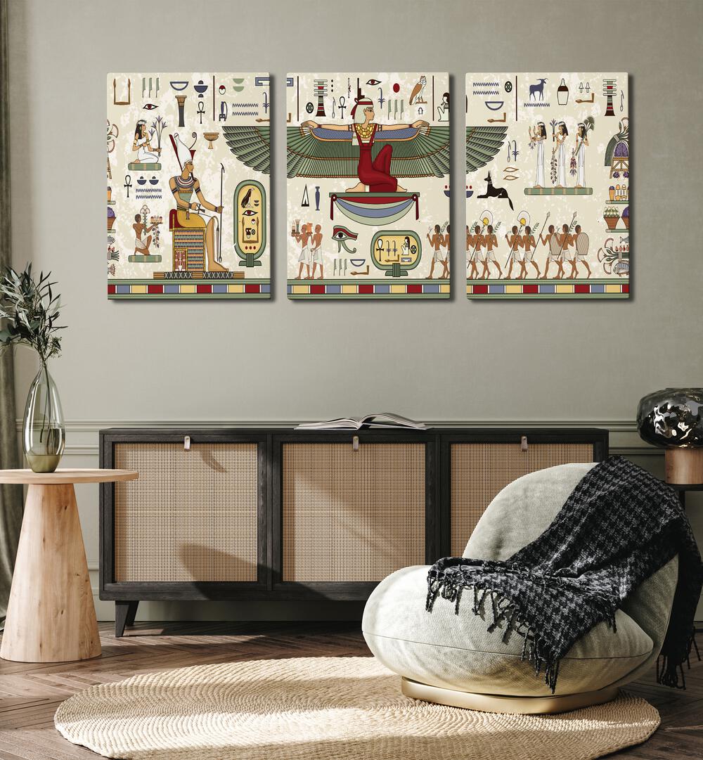 Discover the THEBES FRAMED SET, SET OF 3 PAINTINGS, showcasing stunning Egyptian hieroglyphs and culture.