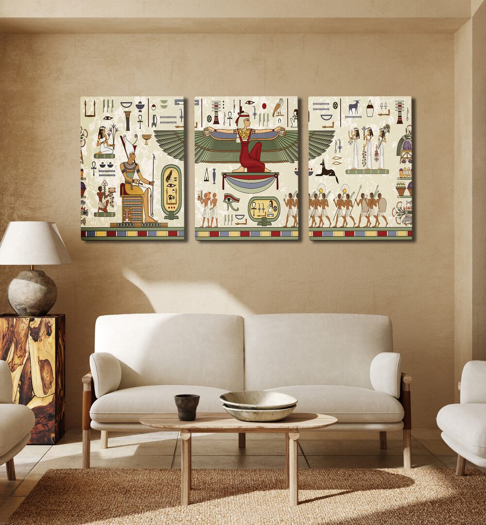 Enhance your decor with the THEBES FRAMED SET, SET OF 3 PAINTINGS, showcasing enchanting Egyptian art and hieroglyphs.