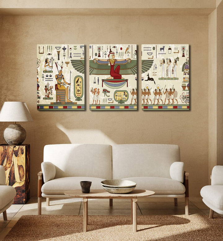 Enhance your decor with the THEBES FRAMED SET, SET OF 3 PAINTINGS, showcasing enchanting Egyptian art and hieroglyphs.