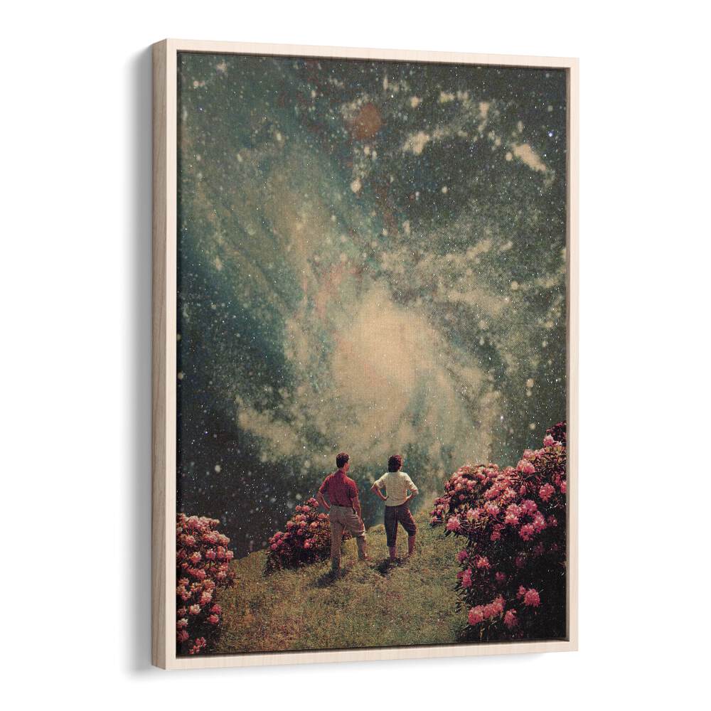 Surreal art prints "THERE WILL BE LIGHT" by Frank Moth, featuring two figures gazing at a cosmic scene. Perfect for decor.