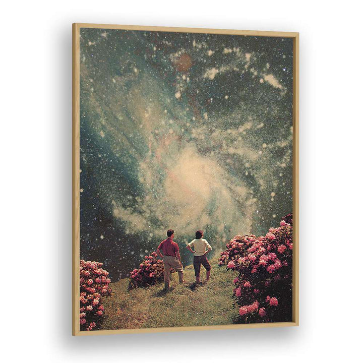 Surreal art print "THERE WILL BE LIGHT" by Frank Moth, featuring a cosmic landscape and blooming flowers.