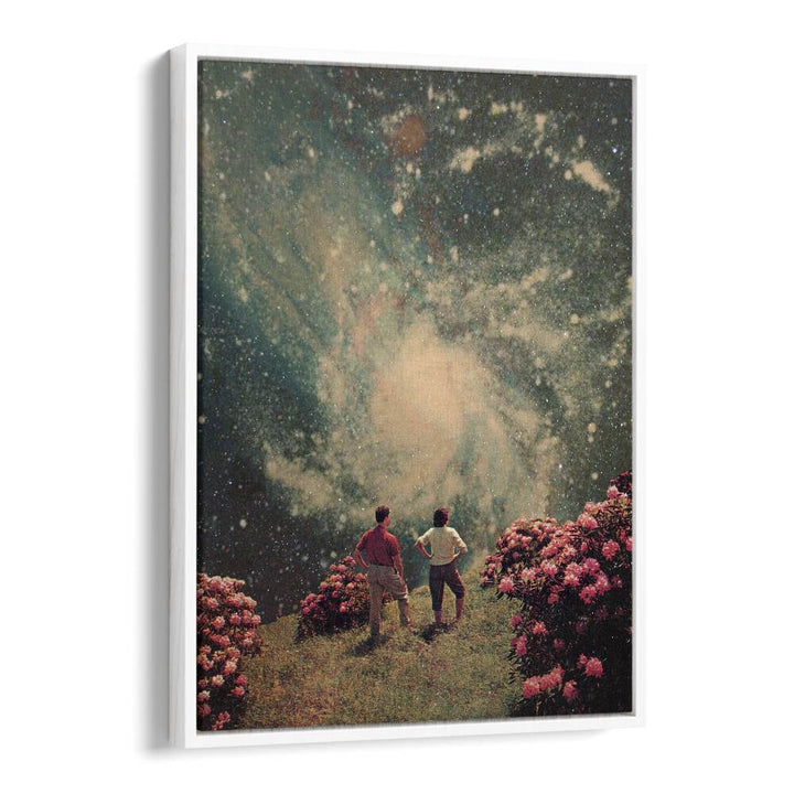 Surreal art print “THERE WILL BE LIGHT, SURREAL ART PRINTS” by Frank Moth, featuring two figures gazing at the cosmos.
