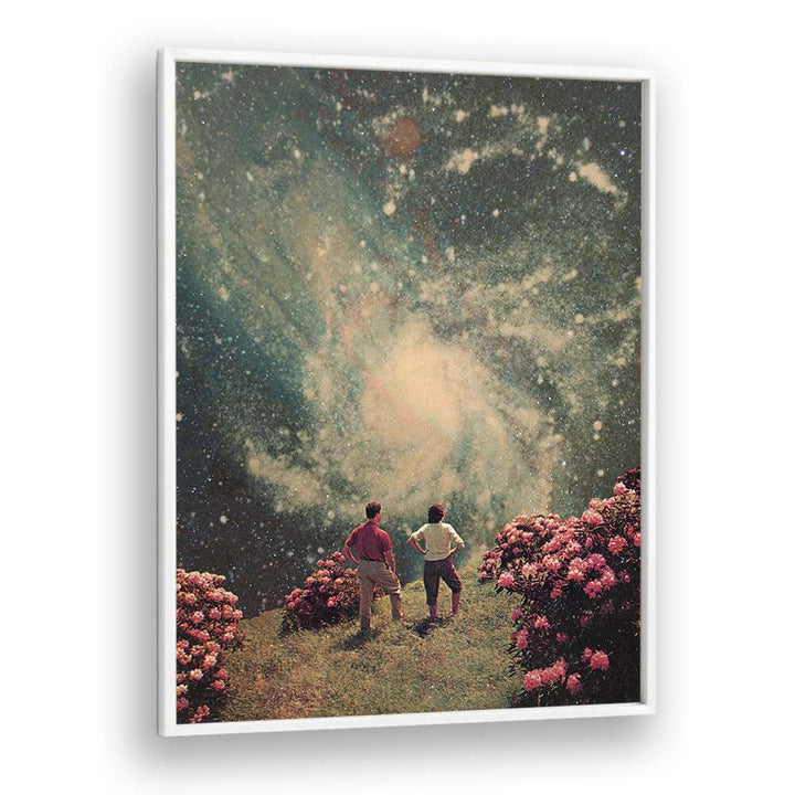 Surreal art print "THERE WILL BE LIGHT, SURREAL ART PRINTS" by Frank Moth, featuring a cosmic landscape and floral scene.